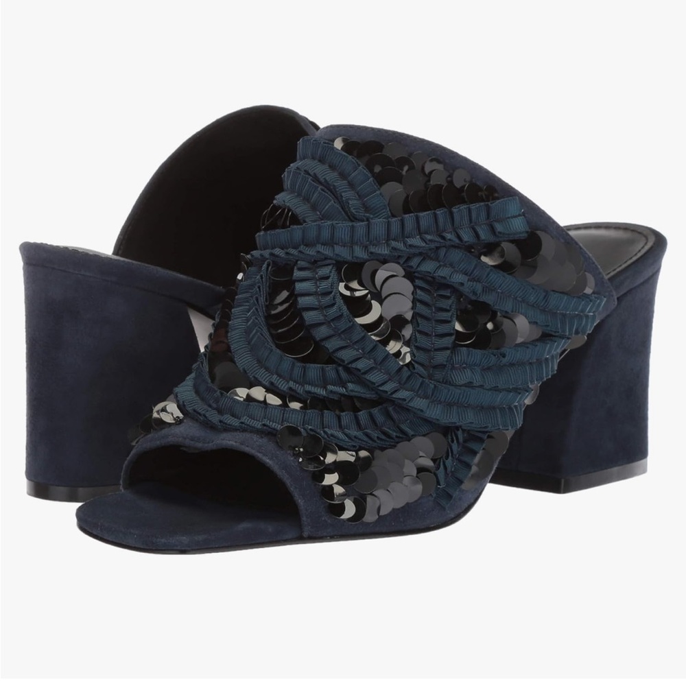 Navy Blue Block Heel Open Toe Slide Sandals Leather & Suede With Sequin Design